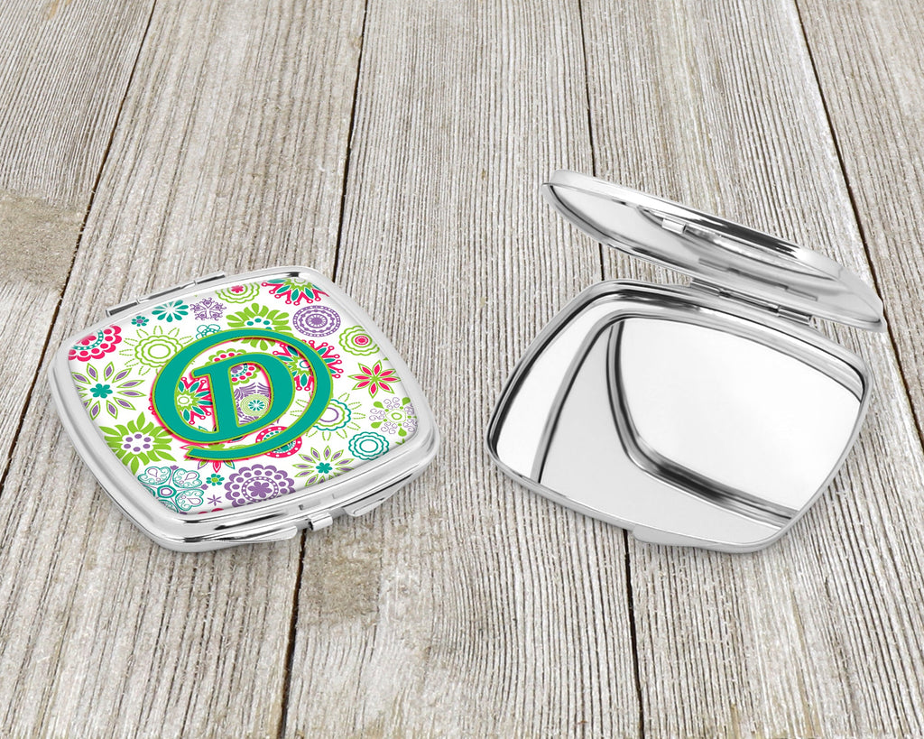 Letter D Flowers Pink Teal Green Initial Compact Mirror Decorative Travel Makeup Mirror for Women Girls Gifts Pocket Makeup Mirror Folding Handheld
