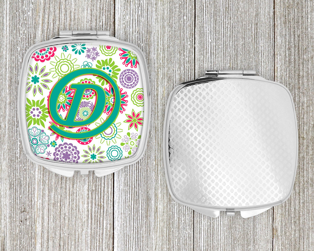 Letter D Flowers Pink Teal Green Initial Compact Mirror Decorative Travel Makeup Mirror for Women Girls Gifts Pocket Makeup Mirror Folding Handheld