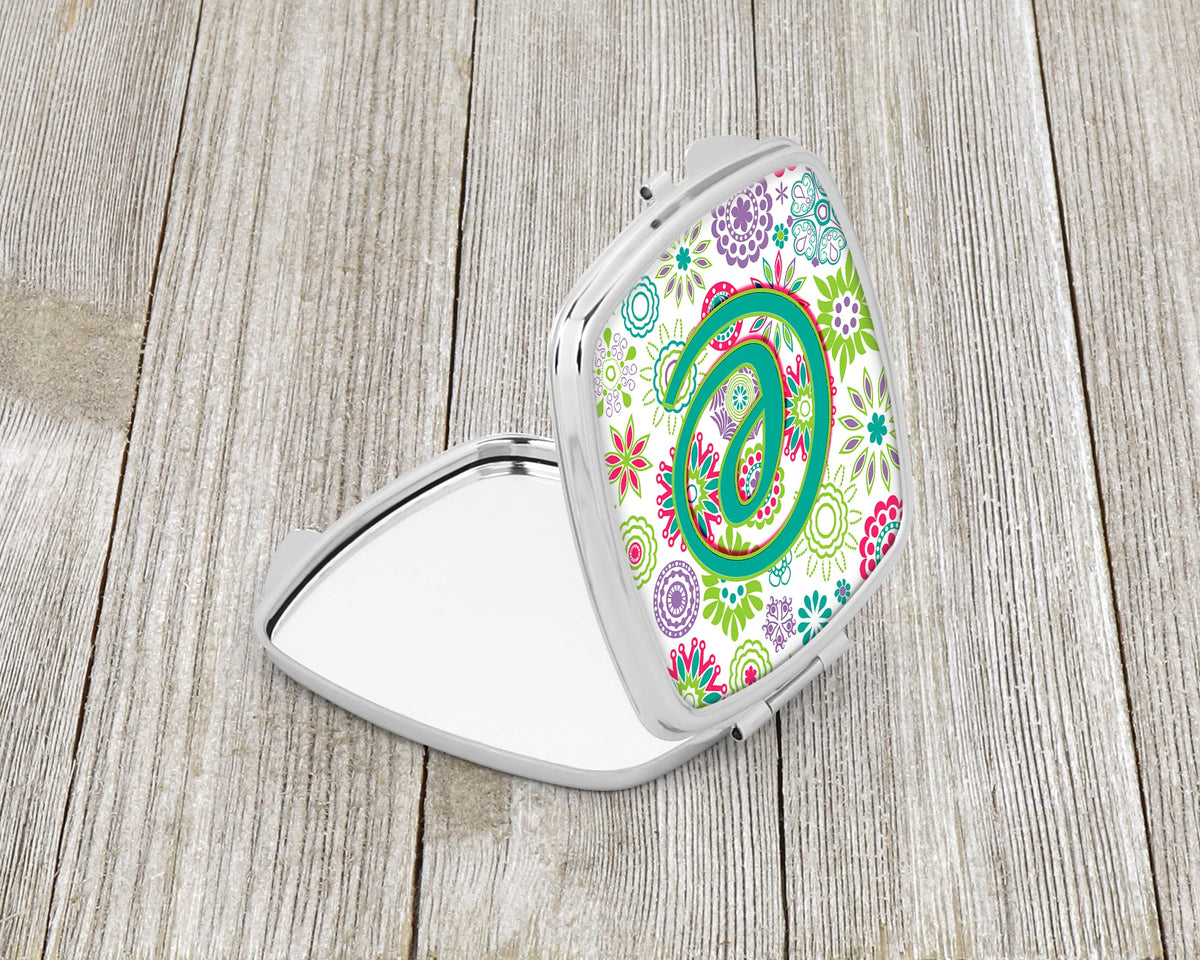 Letter E Flowers Pink Teal Green Initial Compact Mirror Decorative Travel Makeup Mirror for Women Girls Gifts Pocket Makeup Mirror Folding Handheld