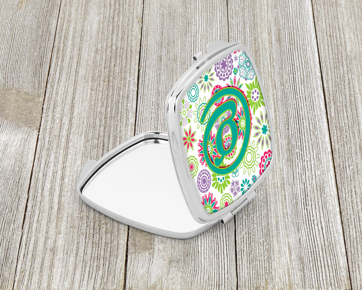 Letter G Flowers Pink Teal Green Initial Compact Mirror Decorative Travel Makeup Mirror for Women Girls Gifts Pocket Makeup Mirror Folding Handheld