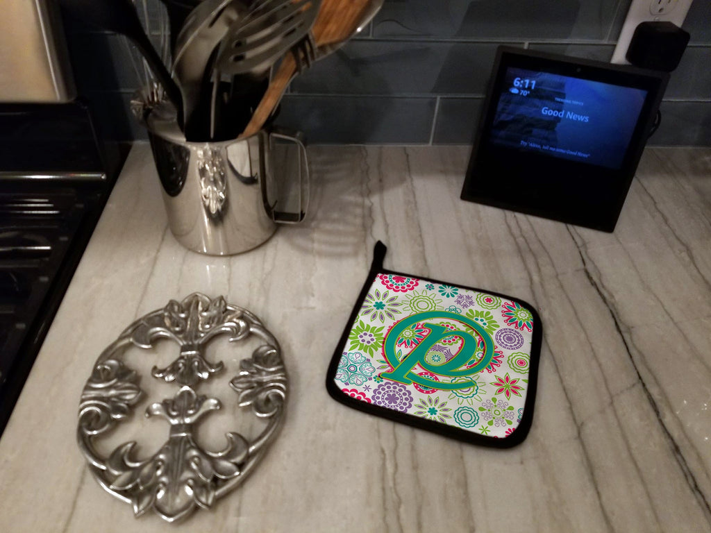 Letter P Flowers Pink Teal Green Initial Pot Holder Set of 2 Heat Resistant Quilted Hot Pads 7.5 x 7.5 Inch, Insulated Kitchen Trivets for Cooking & Baking