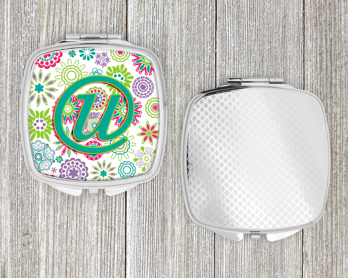 Letter U Flowers Pink Teal Green Initial Compact Mirror Decorative Travel Makeup Mirror for Women Girls Gifts Pocket Makeup Mirror Folding Handheld