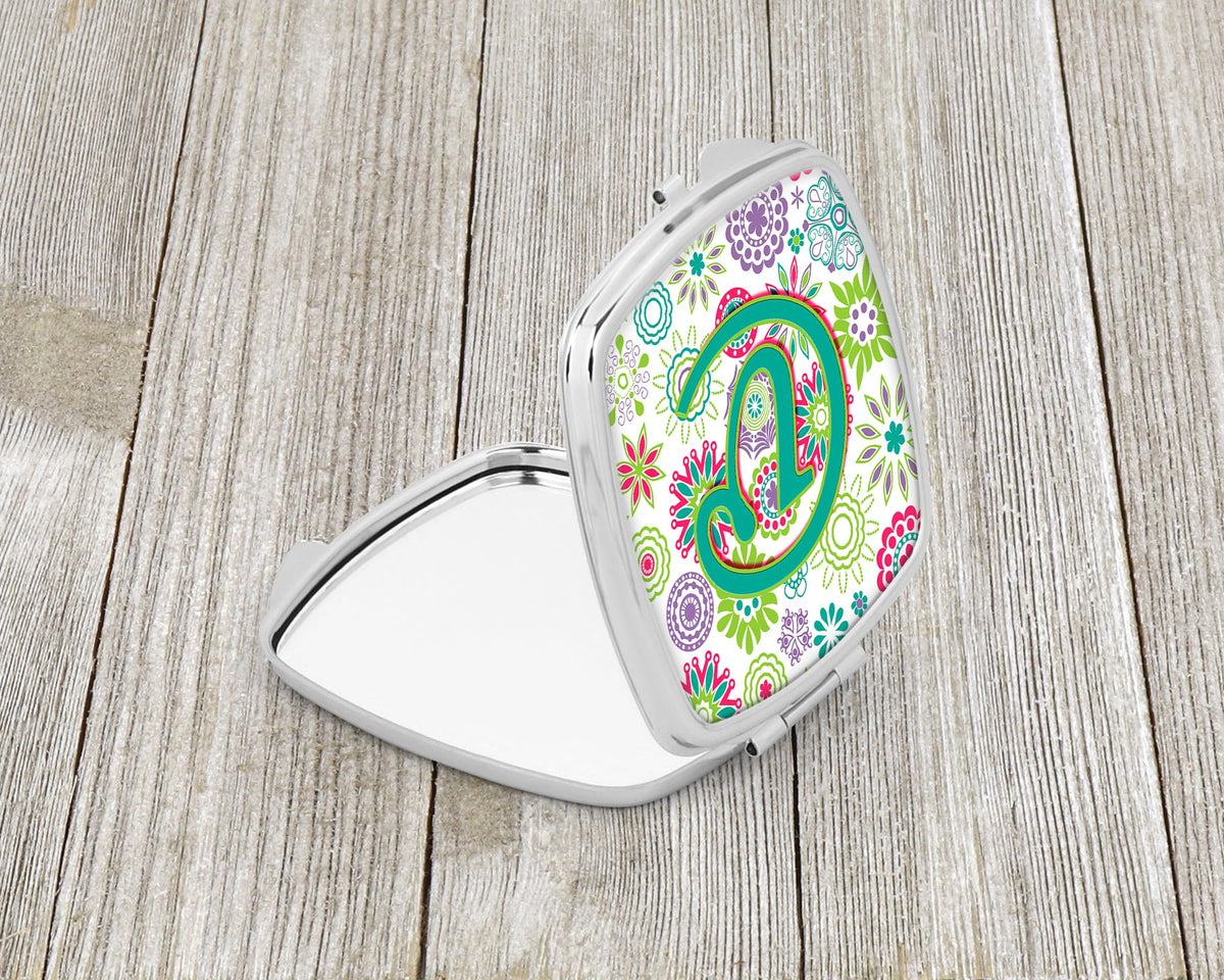 Letter V Flowers Pink Teal Green Initial Compact Mirror Decorative Travel Makeup Mirror for Women Girls Gifts Pocket Makeup Mirror Folding Handheld