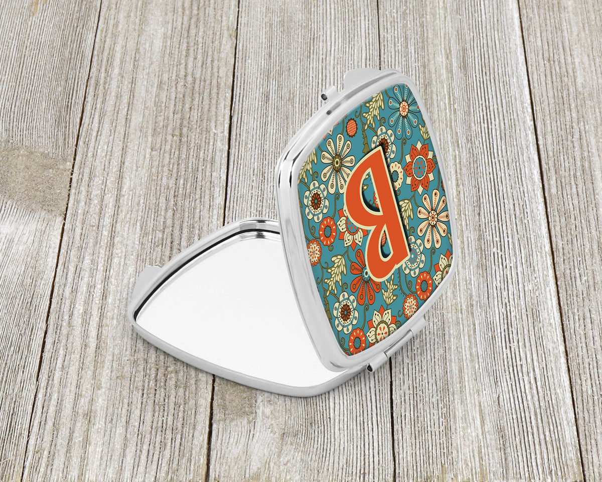 Letter B Flowers Retro Blue Compact Mirror Decorative Travel Makeup Mirror for Women Girls Gifts Pocket Makeup Mirror Folding Handheld