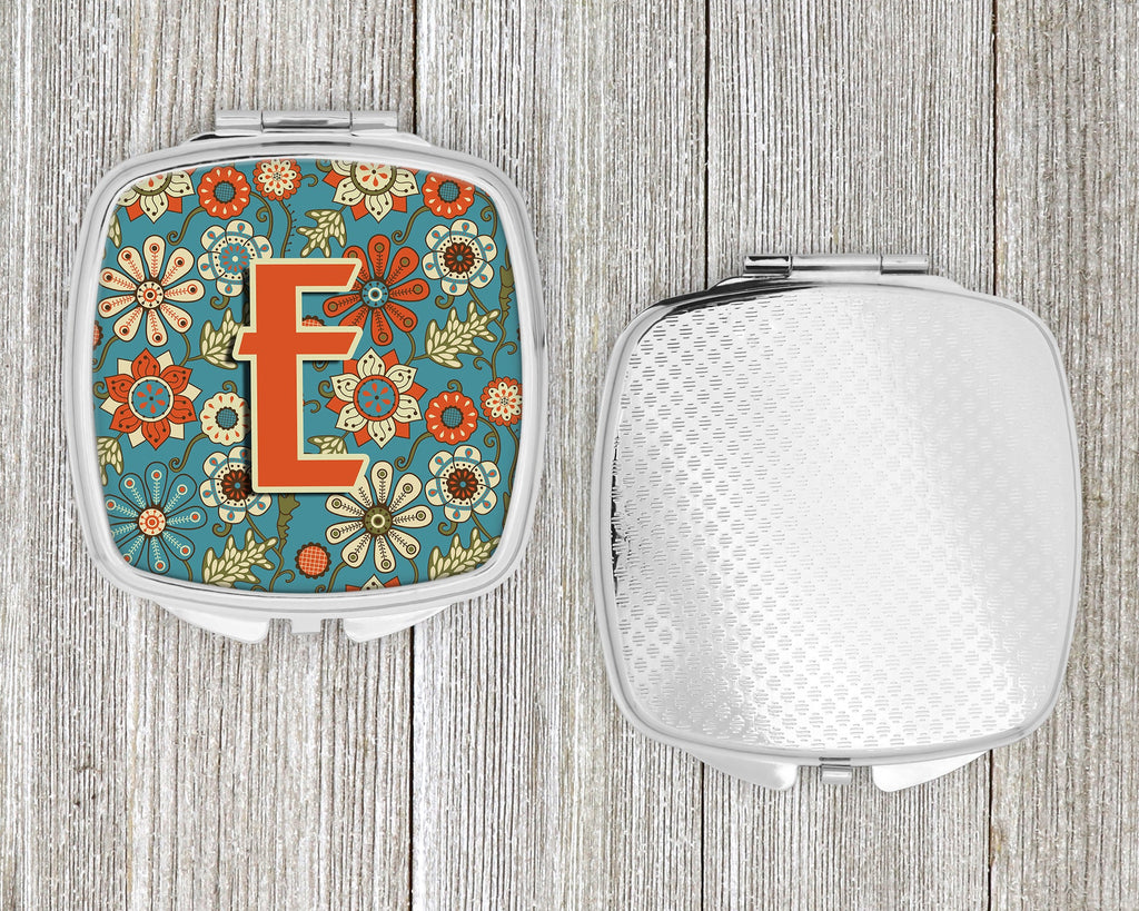 Letter E Flowers Retro Blue Compact Mirror Decorative Travel Makeup Mirror for Women Girls Gifts Pocket Makeup Mirror Folding Handheld