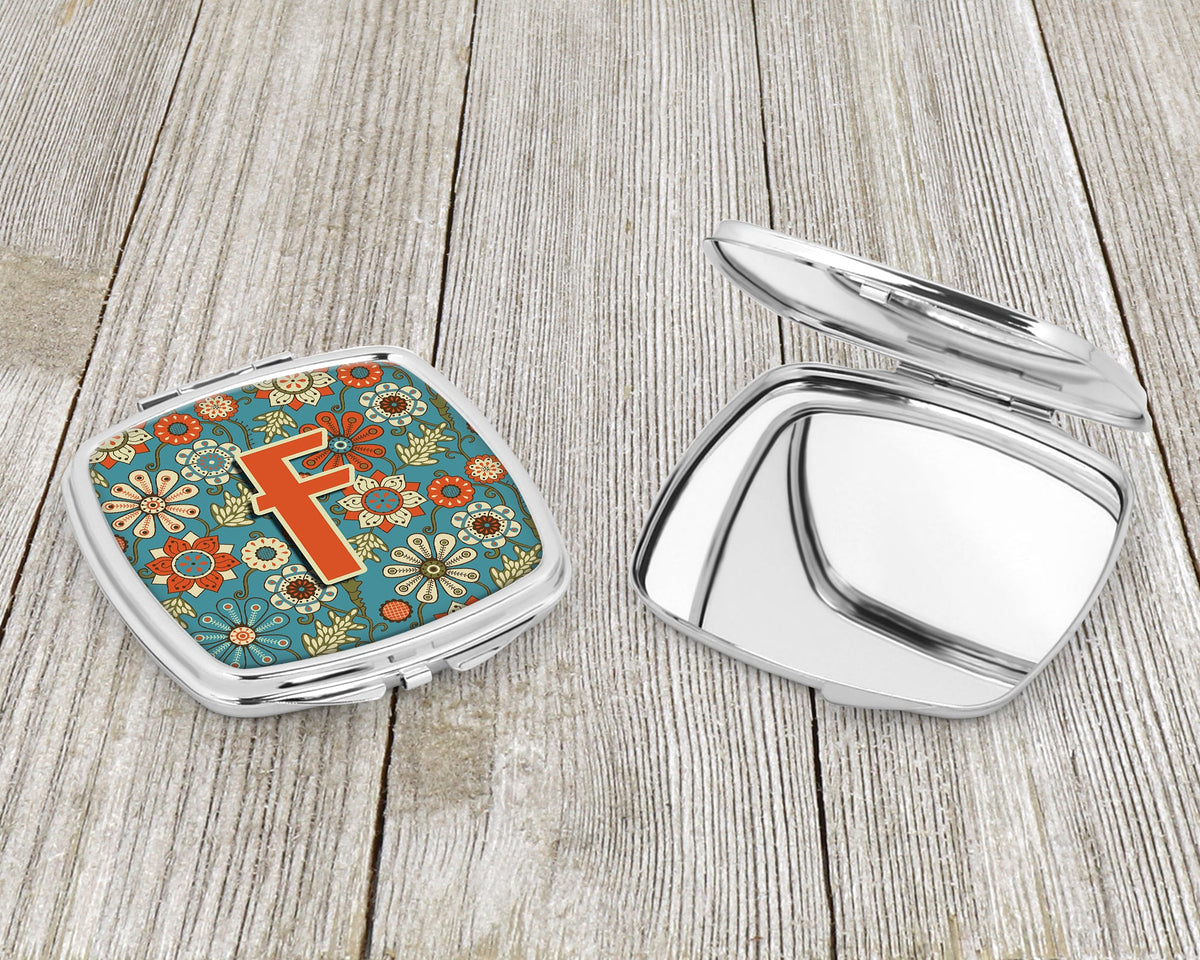 Letter F Flowers Retro Blue Compact Mirror Decorative Travel Makeup Mirror for Women Girls Gifts Pocket Makeup Mirror Folding Handheld