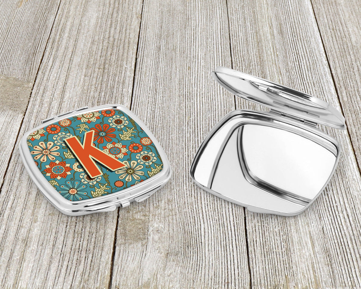 Letter K Flowers Retro Blue Compact Mirror Decorative Travel Makeup Mirror for Women Girls Gifts Pocket Makeup Mirror Folding Handheld
