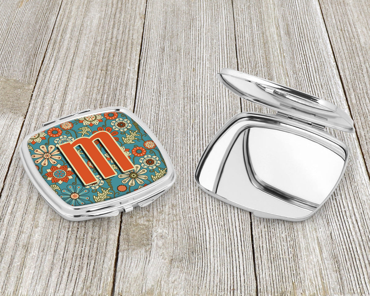 Letter M Flowers Retro Blue Compact Mirror Decorative Travel Makeup Mirror for Women Girls Gifts Pocket Makeup Mirror Folding Handheld