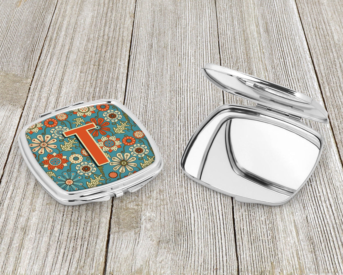 Letter T Flowers Retro Blue Compact Mirror Decorative Travel Makeup Mirror for Women Girls Gifts Pocket Makeup Mirror Folding Handheld