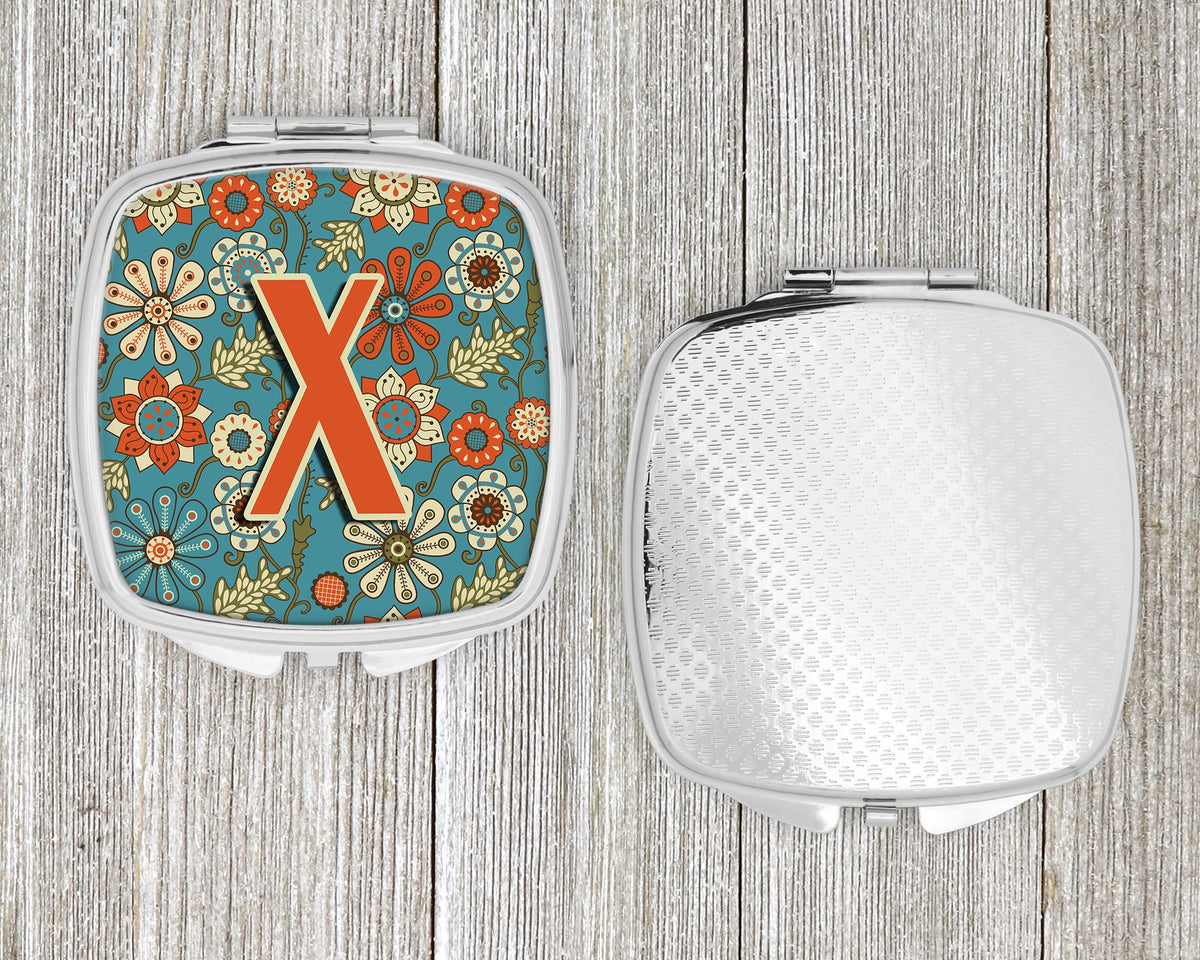 Letter X Flowers Retro Blue Compact Mirror Decorative Travel Makeup Mirror for Women Girls Gifts Pocket Makeup Mirror Folding Handheld