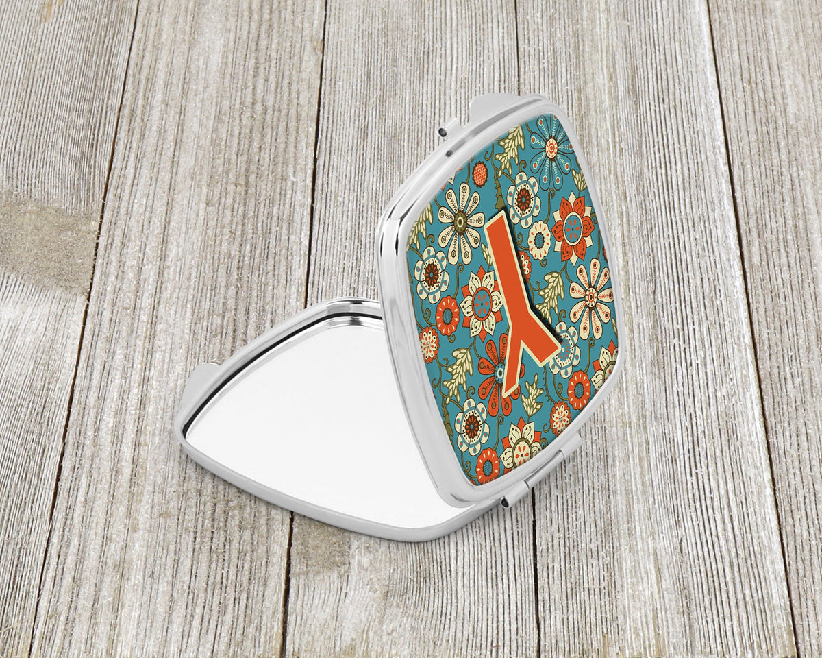 Letter Y Flowers Retro Blue Compact Mirror Decorative Travel Makeup Mirror for Women Girls Gifts Pocket Makeup Mirror Folding Handheld