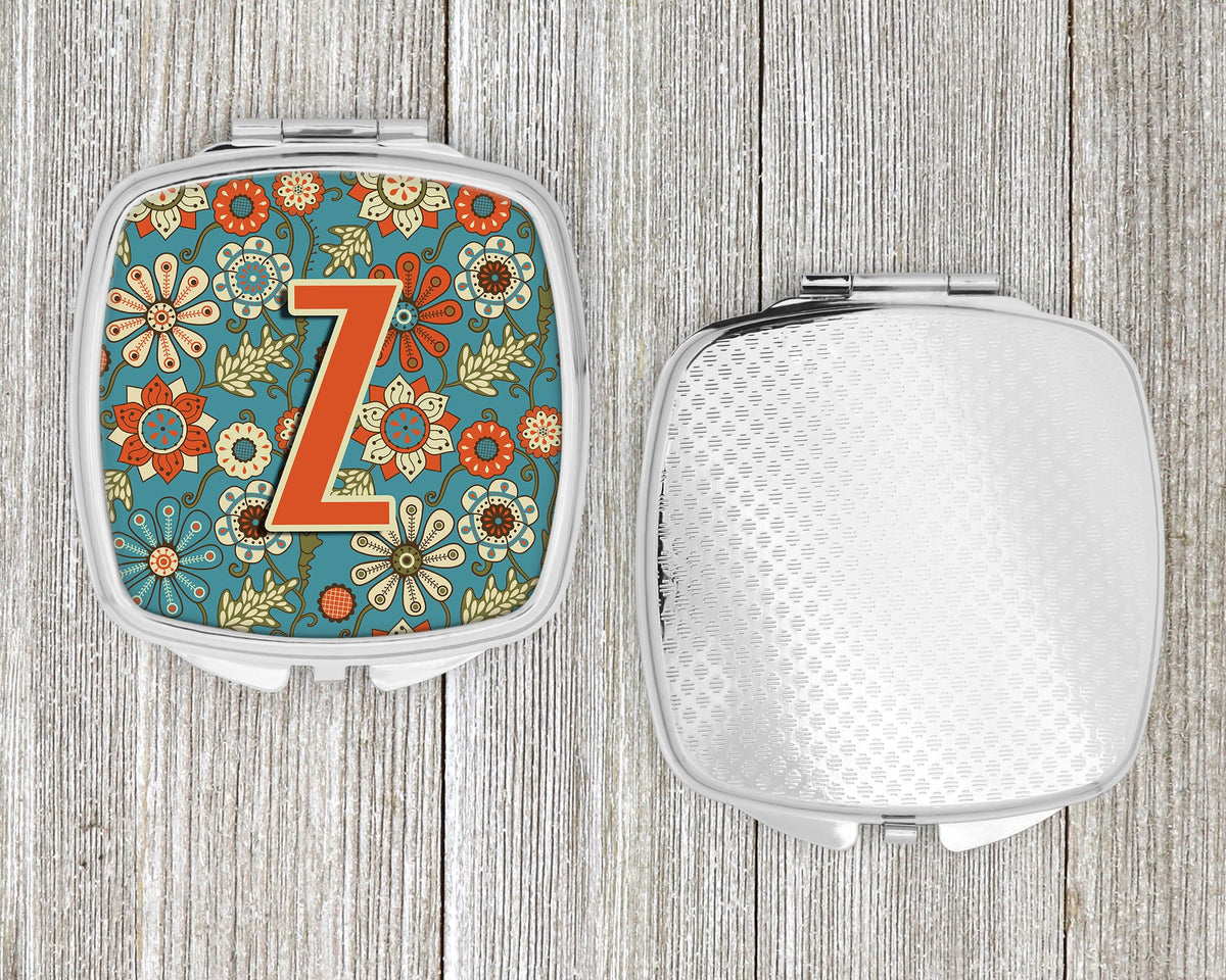 Letter Z Flowers Retro Blue Compact Mirror Decorative Travel Makeup Mirror for Women Girls Gifts Pocket Makeup Mirror Folding Handheld