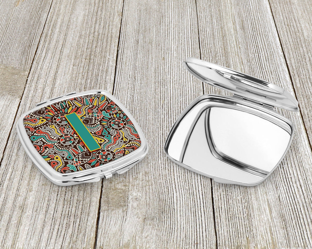 Letter I Retro Tribal Alphabet Initial Compact Mirror Decorative Travel Makeup Mirror for Women Girls Gifts Pocket Makeup Mirror Folding Handheld