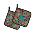 Letter K Retro Tribal Alphabet Initial Pot Holder Set of 2 Heat Resistant Quilted Hot Pads 7.5 x 7.5 Inch, Insulated Kitchen Trivets for Cooking & Baking