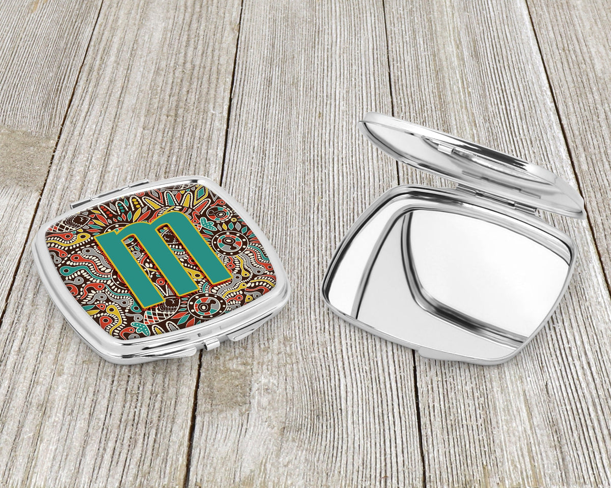 Letter M Retro Tribal Alphabet Initial Compact Mirror Decorative Travel Makeup Mirror for Women Girls Gifts Pocket Makeup Mirror Folding Handheld
