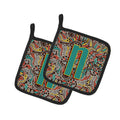 Letter N Retro Tribal Alphabet Initial Pot Holder Set of 2 Heat Resistant Quilted Hot Pads 7.5 x 7.5 Inch, Insulated Kitchen Trivets for Cooking & Baking