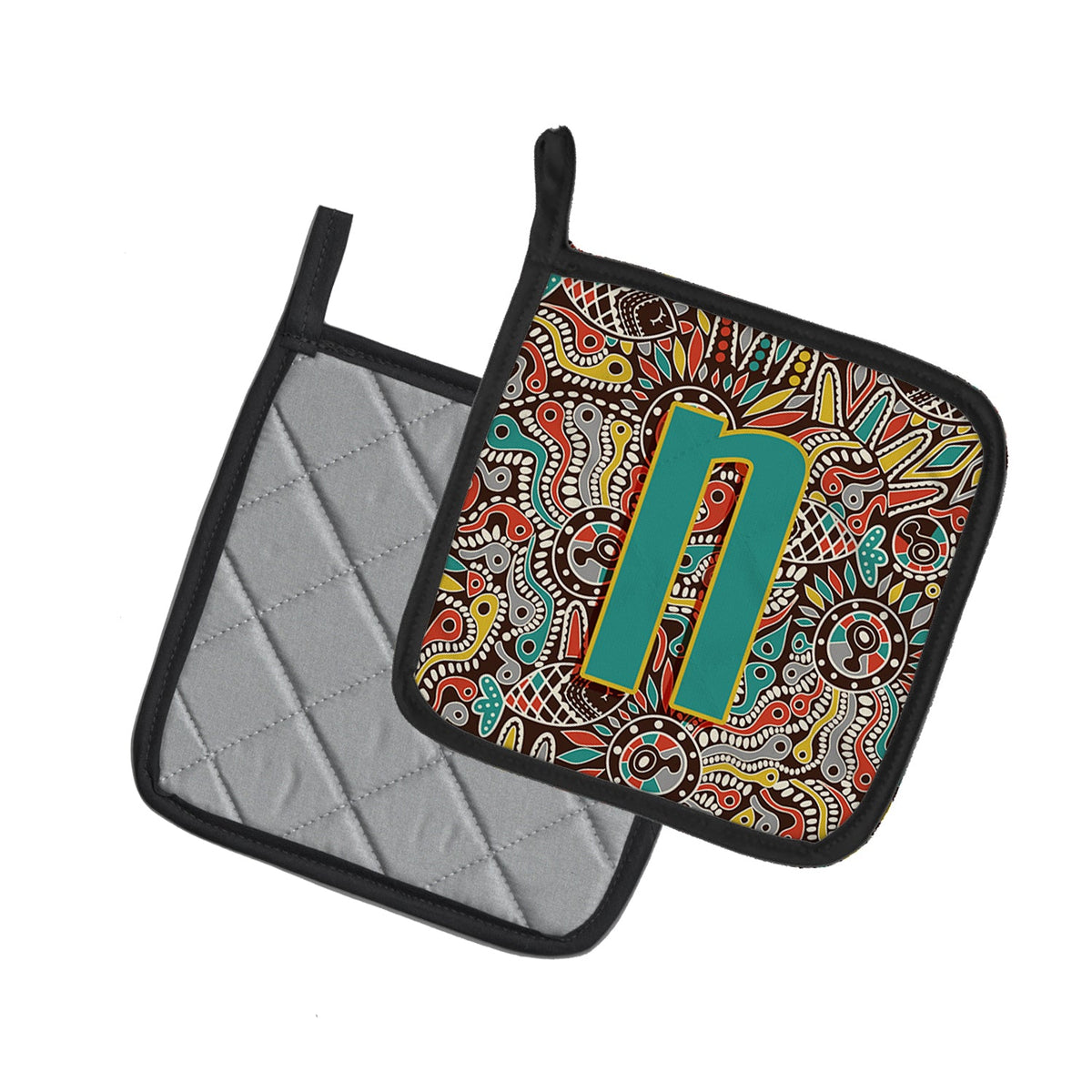 Letter N Retro Tribal Alphabet Initial Pot Holder Set of 2 Heat Resistant Quilted Hot Pads 7.5 x 7.5 Inch, Insulated Kitchen Trivets for Cooking & Baking