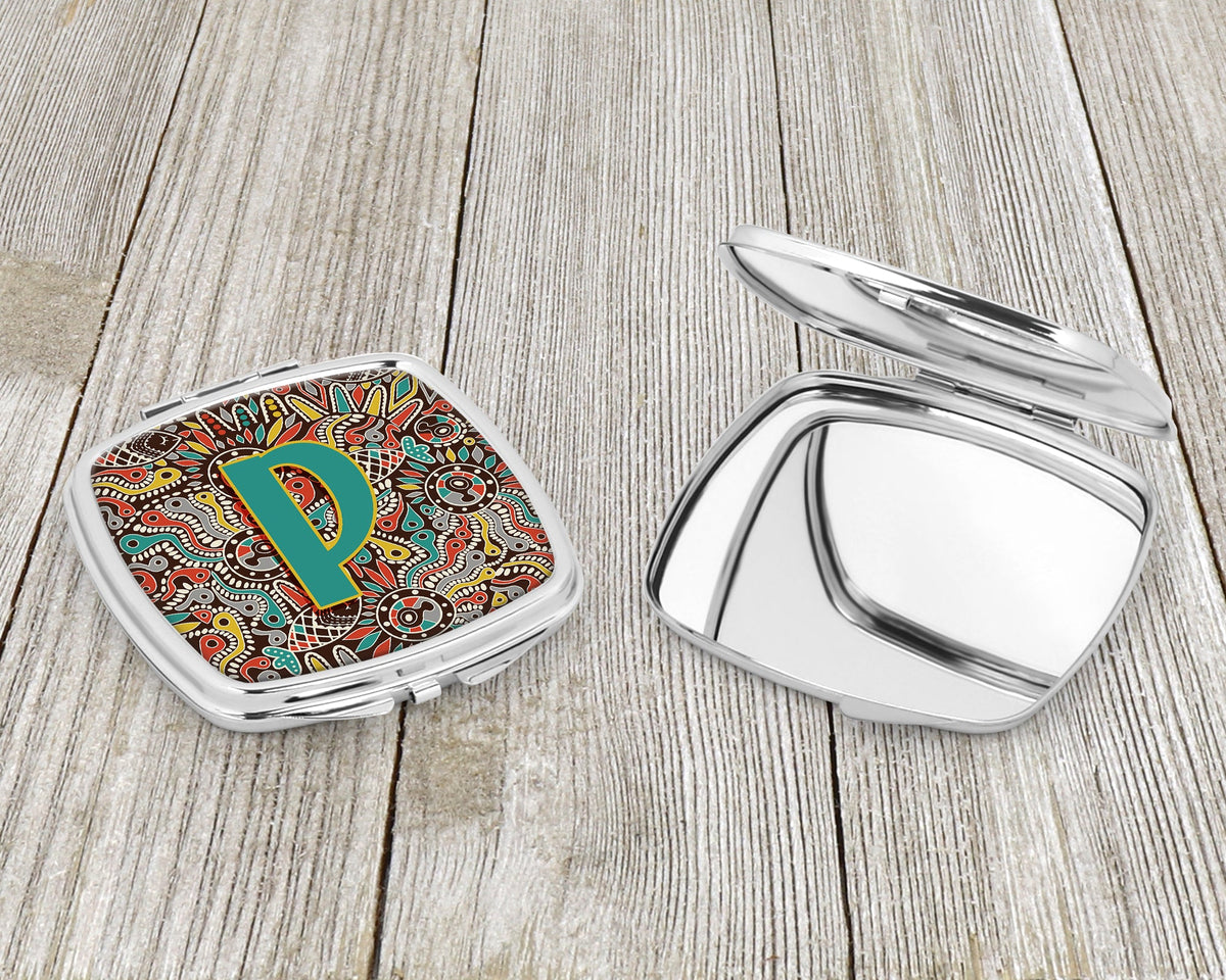 Letter P Retro Tribal Alphabet Initial Compact Mirror Decorative Travel Makeup Mirror for Women Girls Gifts Pocket Makeup Mirror Folding Handheld
