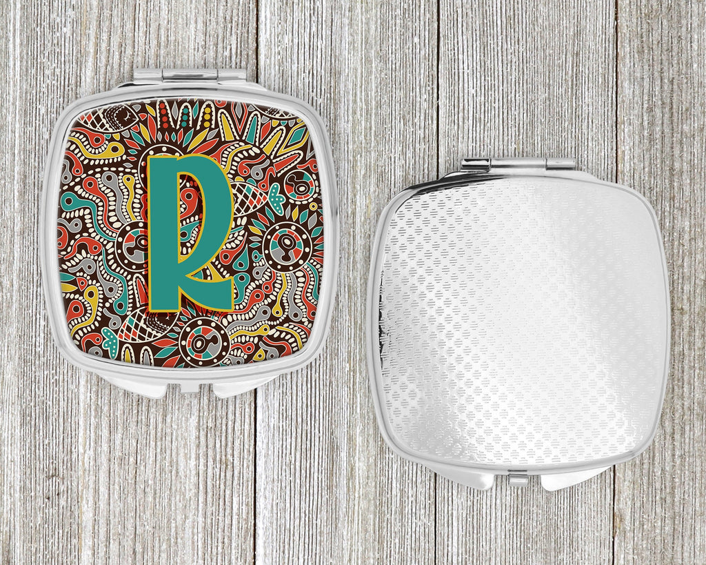 Letter R Retro Tribal Alphabet Initial Compact Mirror Decorative Travel Makeup Mirror for Women Girls Gifts Pocket Makeup Mirror Folding Handheld