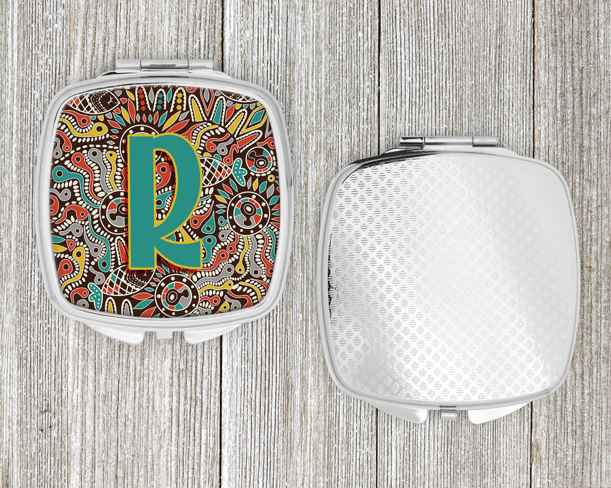 Letter R Retro Tribal Alphabet Initial Compact Mirror Decorative Travel Makeup Mirror for Women Girls Gifts Pocket Makeup Mirror Folding Handheld
