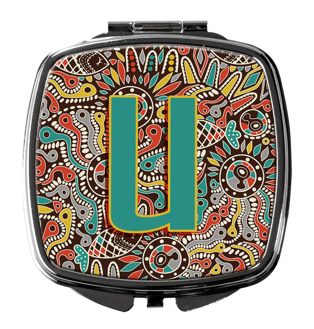 Letter U Retro Tribal Alphabet Initial Compact Mirror Decorative Travel Makeup Mirror for Women Girls Gifts Pocket Makeup Mirror Folding Handheld