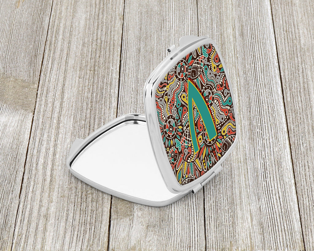 Letter V Retro Tribal Alphabet Initial Compact Mirror Decorative Travel Makeup Mirror for Women Girls Gifts Pocket Makeup Mirror Folding Handheld