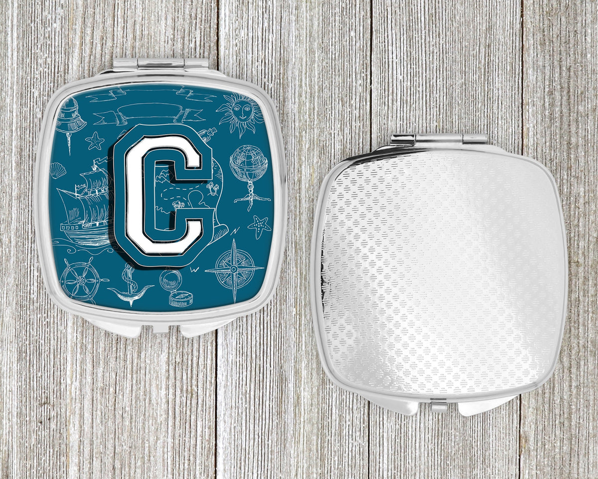 Letter C Sea Doodles Initial Alphabet Compact Mirror Decorative Travel Makeup Mirror for Women Girls Gifts Pocket Makeup Mirror Folding Handheld