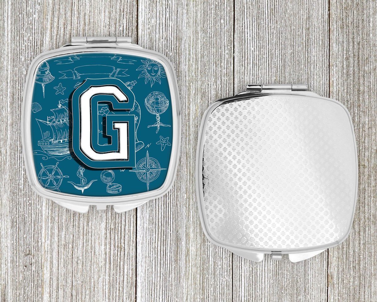 Letter G Sea Doodles Initial Alphabet Compact Mirror Decorative Travel Makeup Mirror for Women Girls Gifts Pocket Makeup Mirror Folding Handheld