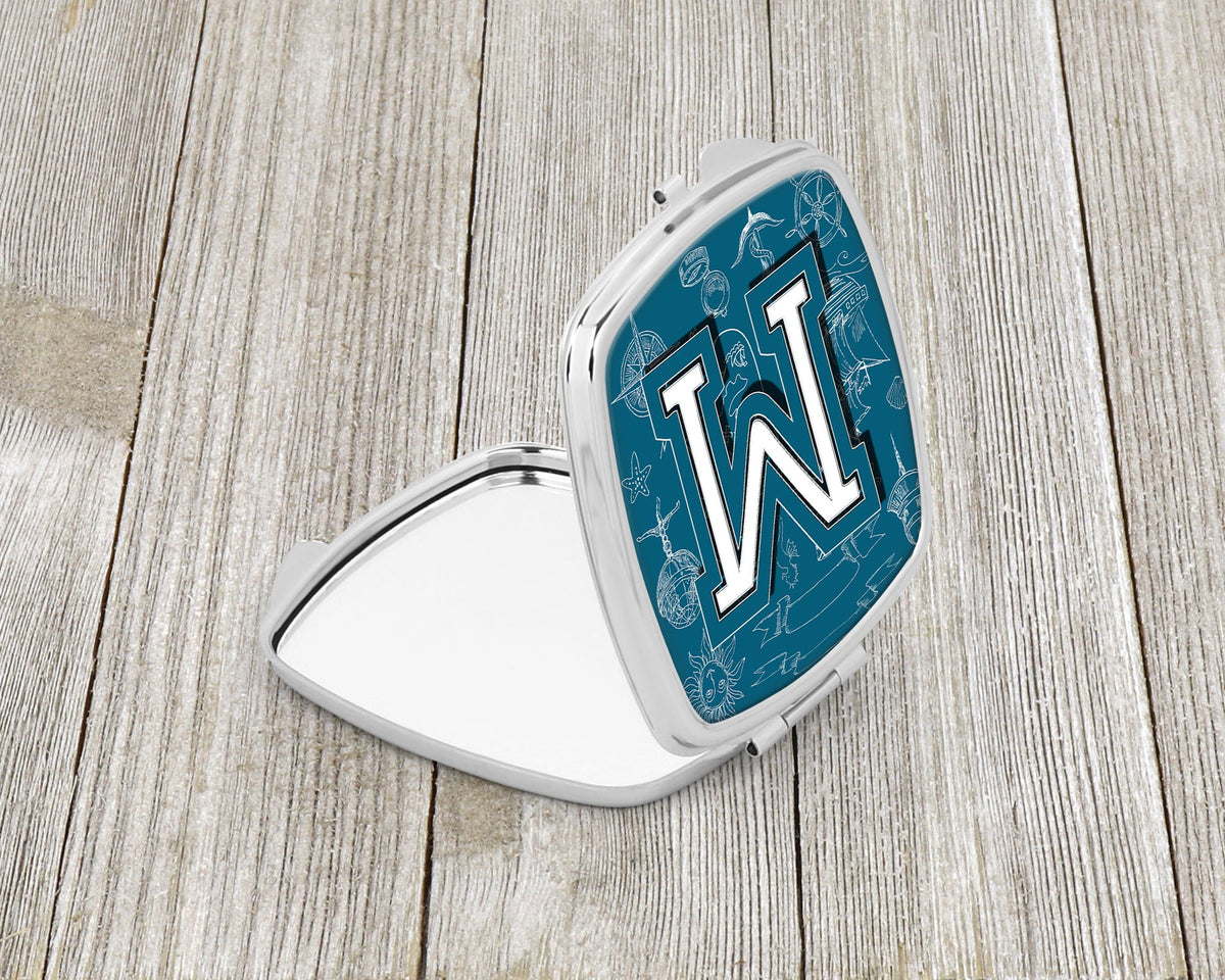 Letter M Sea Doodles Initial Alphabet Compact Mirror Decorative Travel Makeup Mirror for Women Girls Gifts Pocket Makeup Mirror Folding Handheld