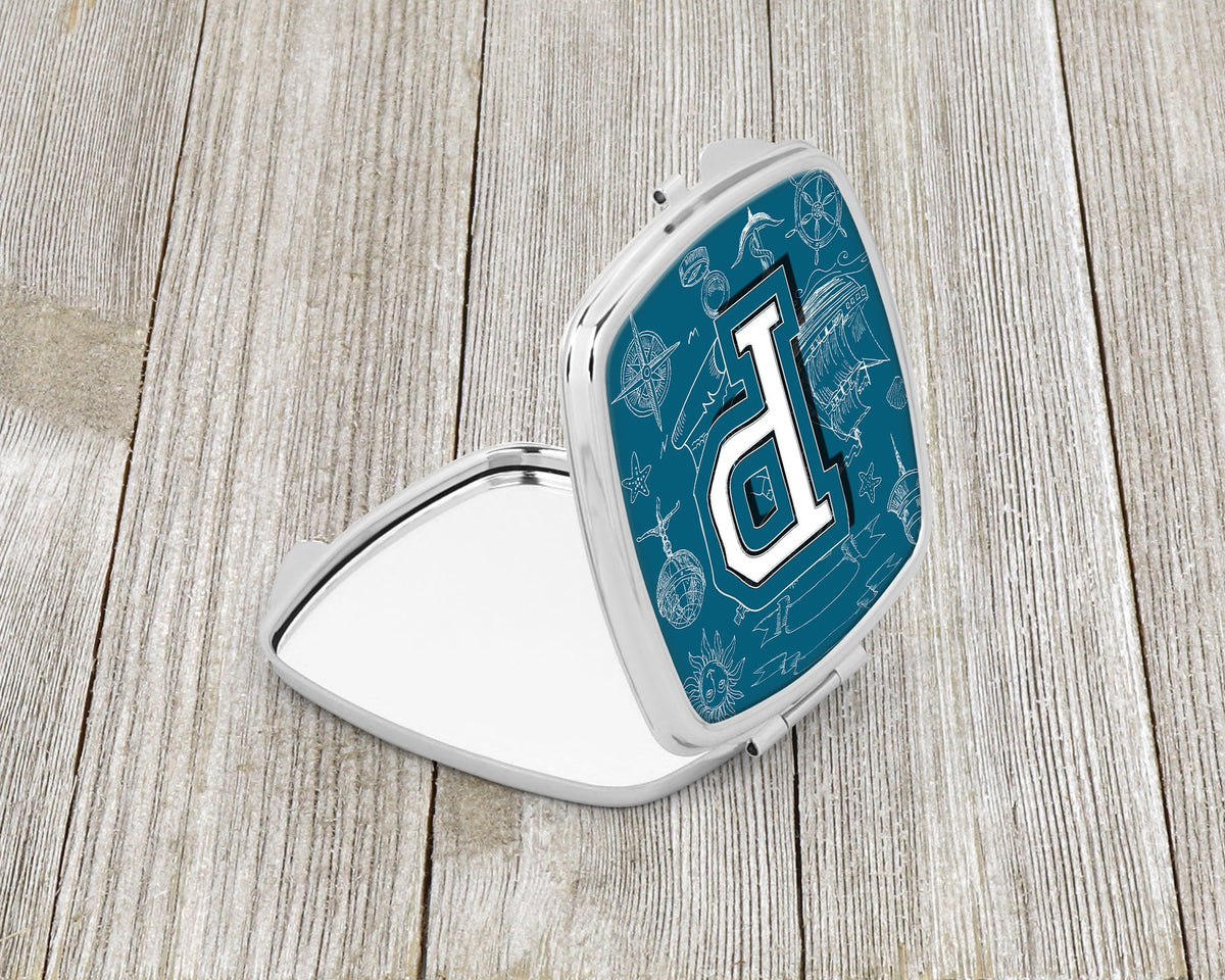 Letter P Sea Doodles Initial Alphabet Compact Mirror Decorative Travel Makeup Mirror for Women Girls Gifts Pocket Makeup Mirror Folding Handheld