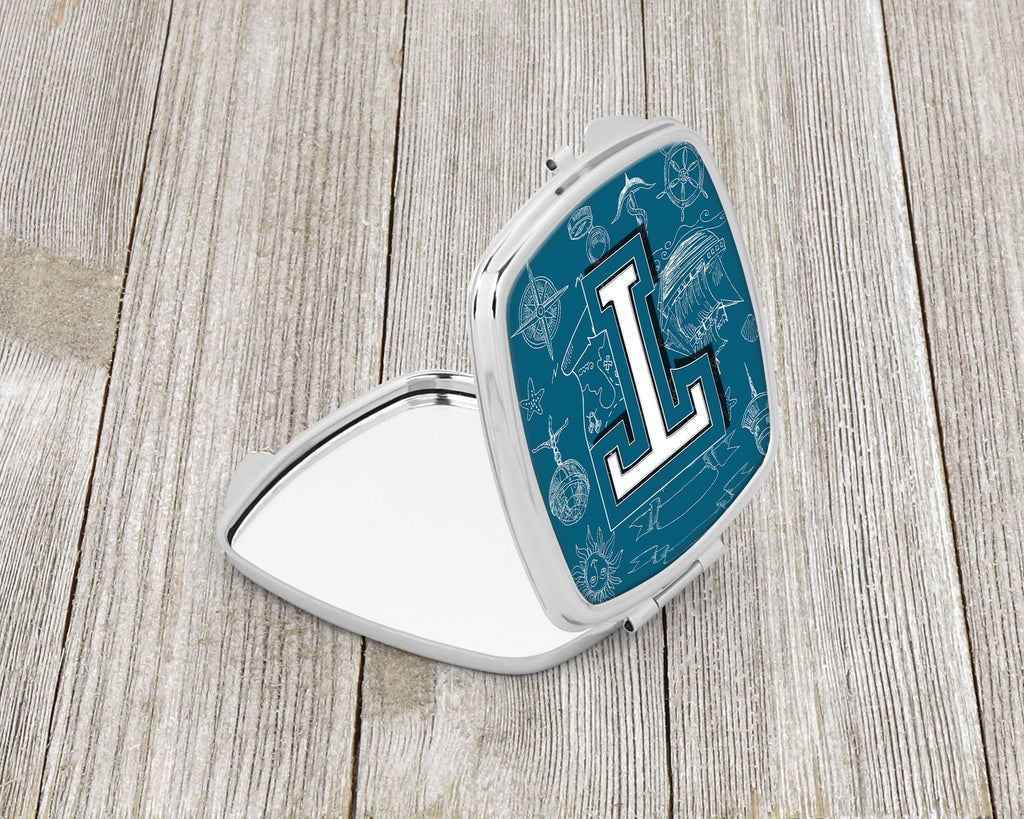 Letter T Sea Doodles Initial Alphabet Compact Mirror Decorative Travel Makeup Mirror for Women Girls Gifts Pocket Makeup Mirror Folding Handheld