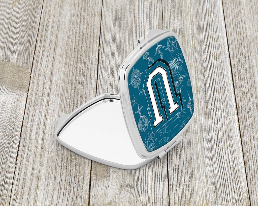 Letter U Sea Doodles Initial Alphabet Compact Mirror Decorative Travel Makeup Mirror for Women Girls Gifts Pocket Makeup Mirror Folding Handheld