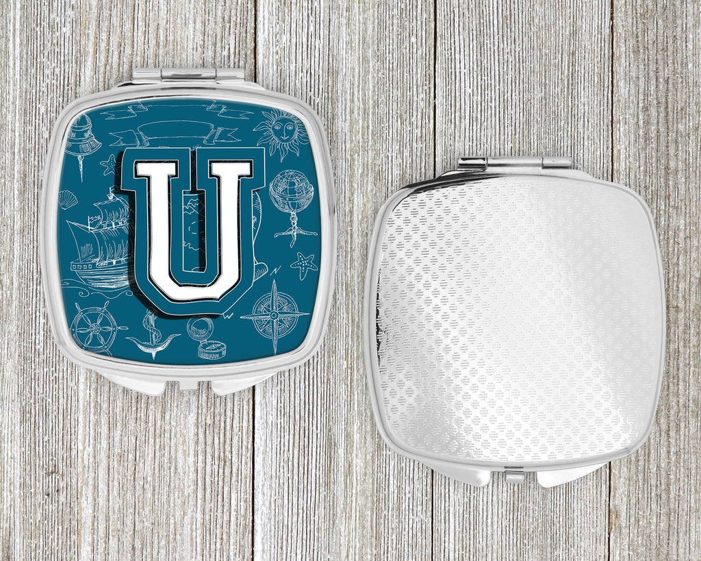 Letter U Sea Doodles Initial Alphabet Compact Mirror Decorative Travel Makeup Mirror for Women Girls Gifts Pocket Makeup Mirror Folding Handheld