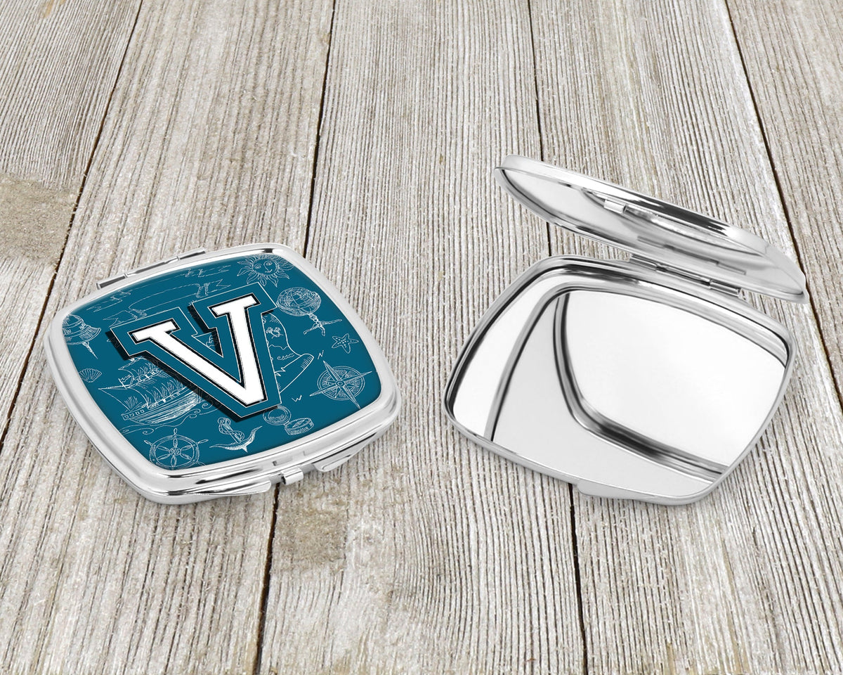 Letter V Sea Doodles Initial Alphabet Compact Mirror Decorative Travel Makeup Mirror for Women Girls Gifts Pocket Makeup Mirror Folding Handheld