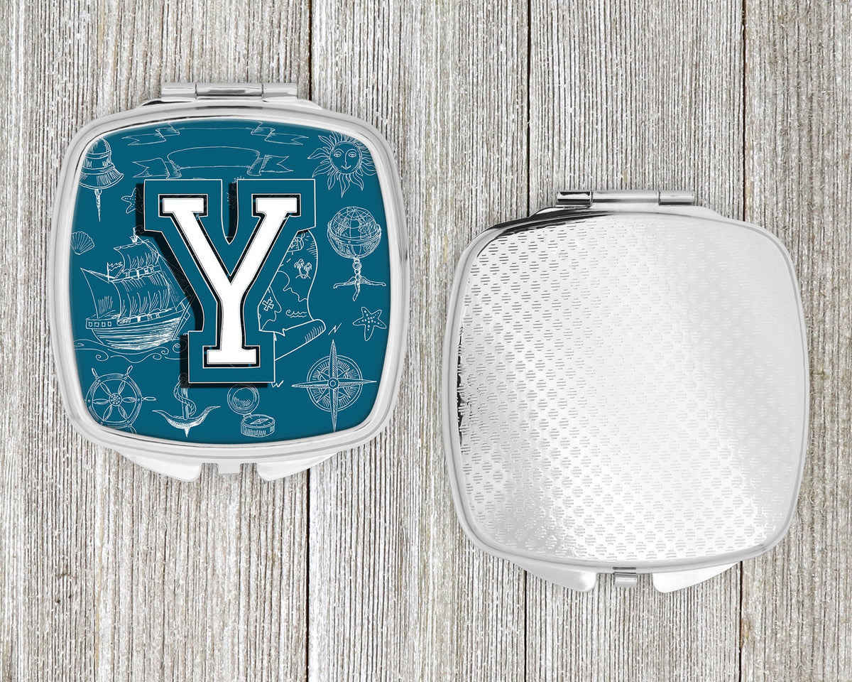 Letter Y Sea Doodles Initial Alphabet Compact Mirror Decorative Travel Makeup Mirror for Women Girls Gifts Pocket Makeup Mirror Folding Handheld