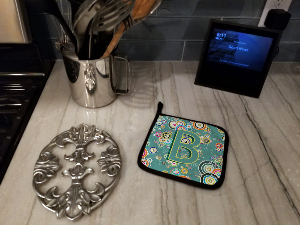 Letter B Circle Circle Teal Initial Alphabet Pot Holder Set of 2 Heat Resistant Quilted Hot Pads 7.5 x 7.5 Inch, Insulated Kitchen Trivets for Cooking & Baking