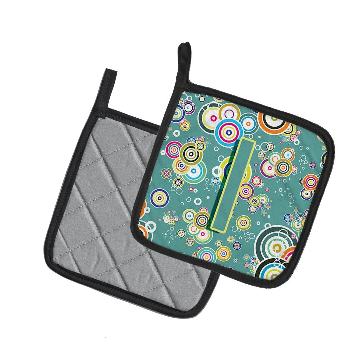 Letter I Circle Circle Teal Initial Alphabet Pot Holder Set of 2 Heat Resistant Quilted Hot Pads 7.5 x 7.5 Inch, Insulated Kitchen Trivets for Cooking & Baking