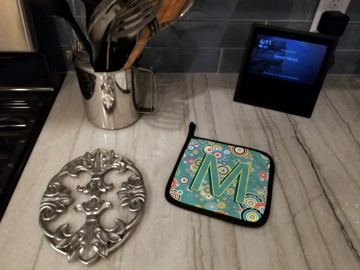 Letter M Circle Circle Teal Initial Alphabet Pot Holder Set of 2 Heat Resistant Quilted Hot Pads 7.5 x 7.5 Inch, Insulated Kitchen Trivets for Cooking & Baking