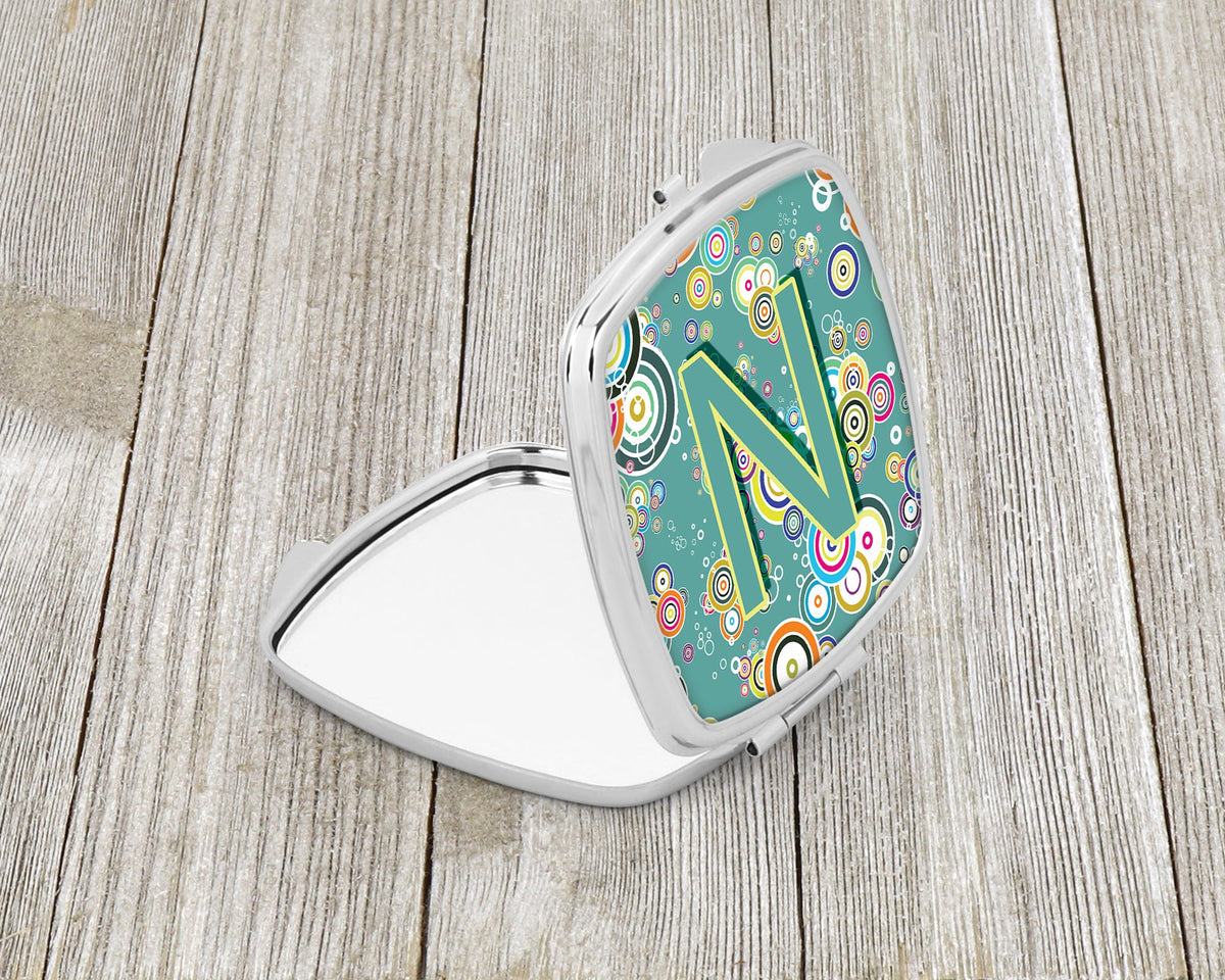 Letter N Circle Circle Teal Initial Alphabet Compact Mirror Decorative Travel Makeup Mirror for Women Girls Gifts Pocket Makeup Mirror Folding Handheld