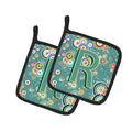 Letter R Circle Circle Teal Initial Alphabet Pot Holder Set of 2 Heat Resistant Quilted Hot Pads 7.5 x 7.5 Inch, Insulated Kitchen Trivets for Cooking & Baking