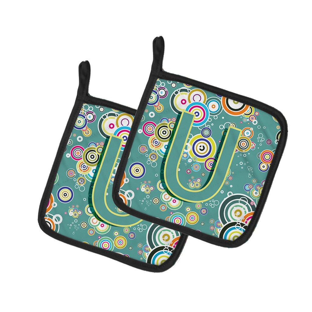 Letter U Circle Circle Teal Initial Alphabet Pot Holder Set of 2 Heat Resistant Quilted Hot Pads 7.5 x 7.5 Inch, Insulated Kitchen Trivets for Cooking & Baking