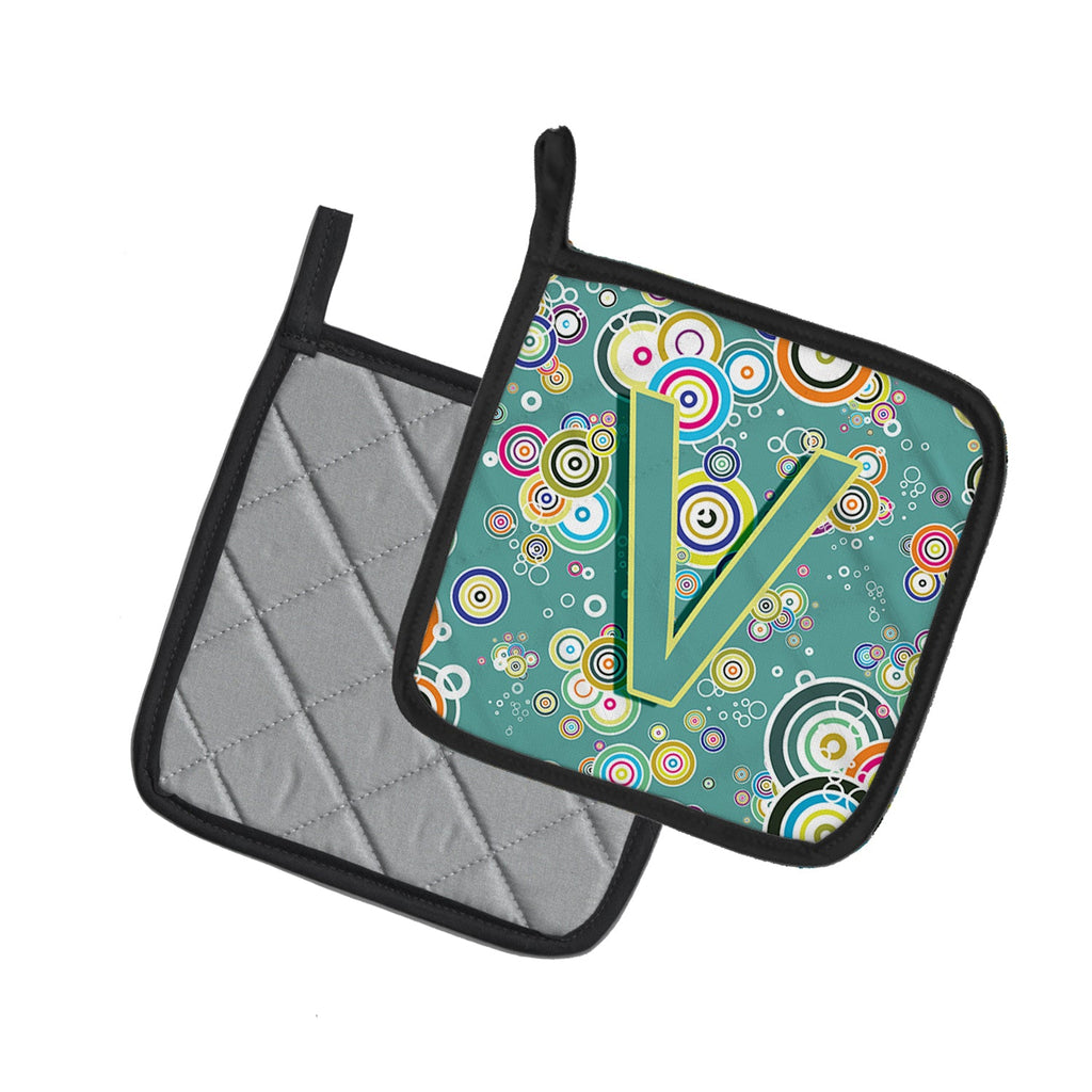 Letter V Circle Circle Teal Initial Alphabet Pot Holder Set of 2 Heat Resistant Quilted Hot Pads 7.5 x 7.5 Inch, Insulated Kitchen Trivets for Cooking & Baking