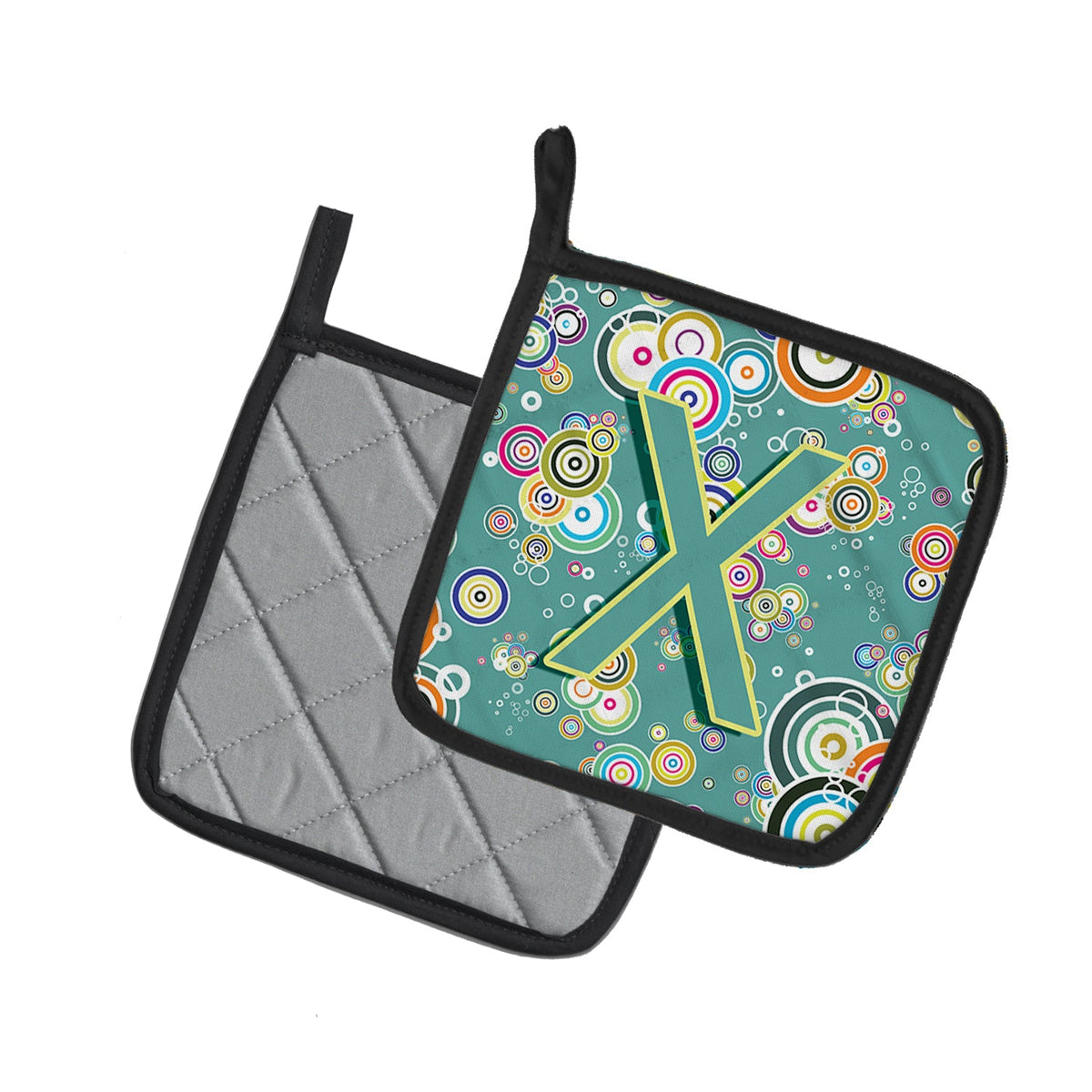 Letter X Circle Circle Teal Initial Alphabet Pot Holder Set of 2 Heat Resistant Quilted Hot Pads 7.5 x 7.5 Inch, Insulated Kitchen Trivets for Cooking & Baking