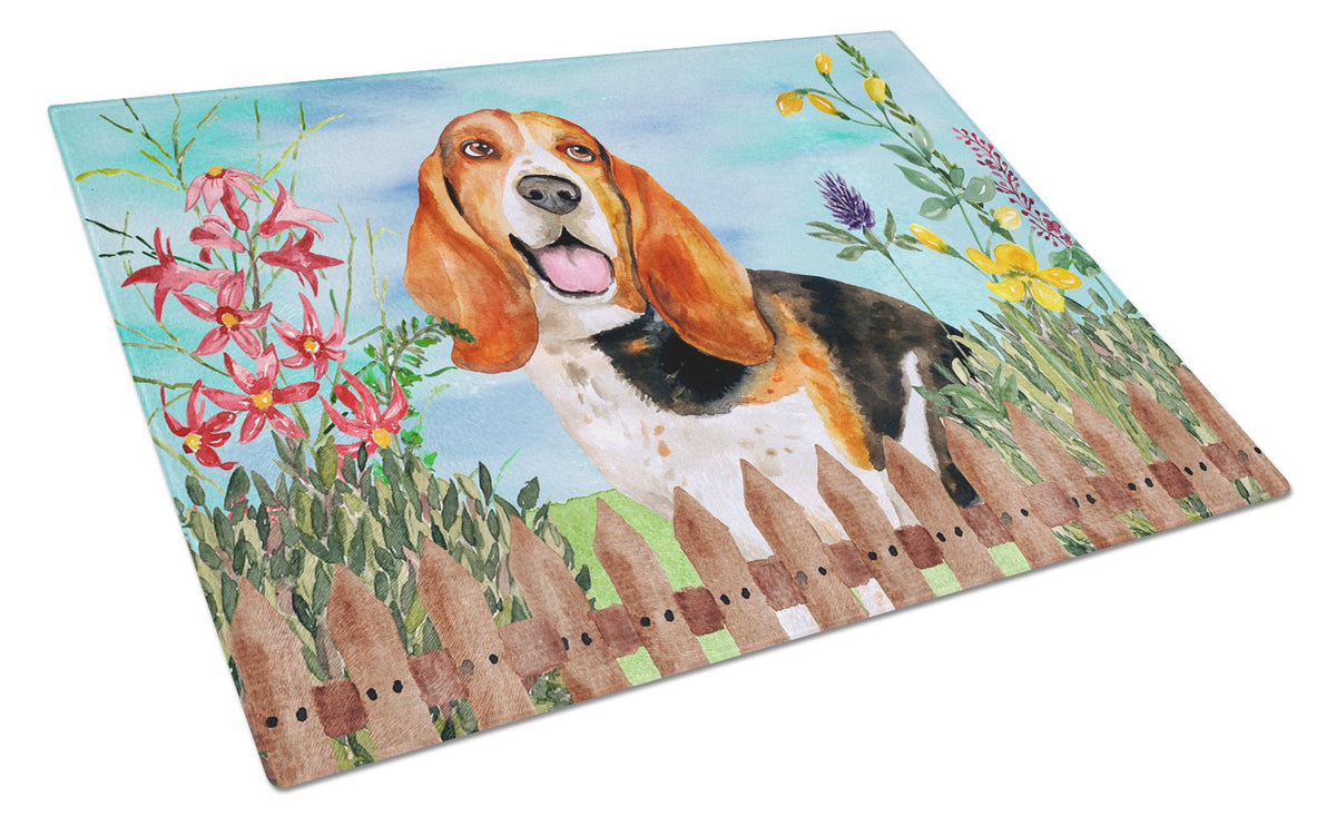 Basset Hound Spring Cutting Board Tempered Glass Kitchen Cutting Surface, Heat Resistant Chopping, Non-Slip Feet, Food Prep & Serving