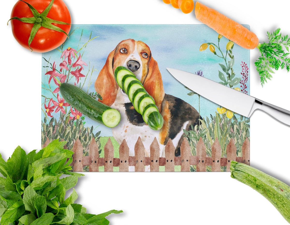 Basset Hound Spring Cutting Board Tempered Glass Kitchen Cutting Surface, Heat Resistant Chopping, Non-Slip Feet, Food Prep & Serving