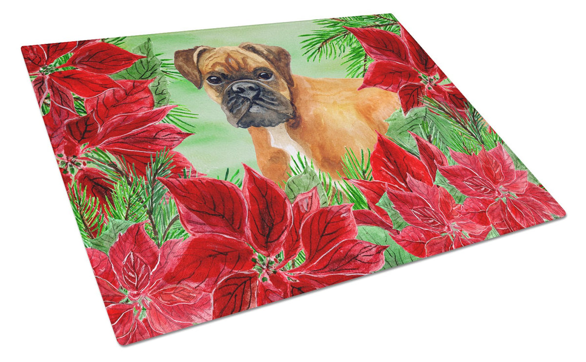 German Boxer Poinsettas Cutting Board Tempered Glass Kitchen Cutting Surface, Heat Resistant Chopping, Non-Slip Feet, Food Prep & Serving