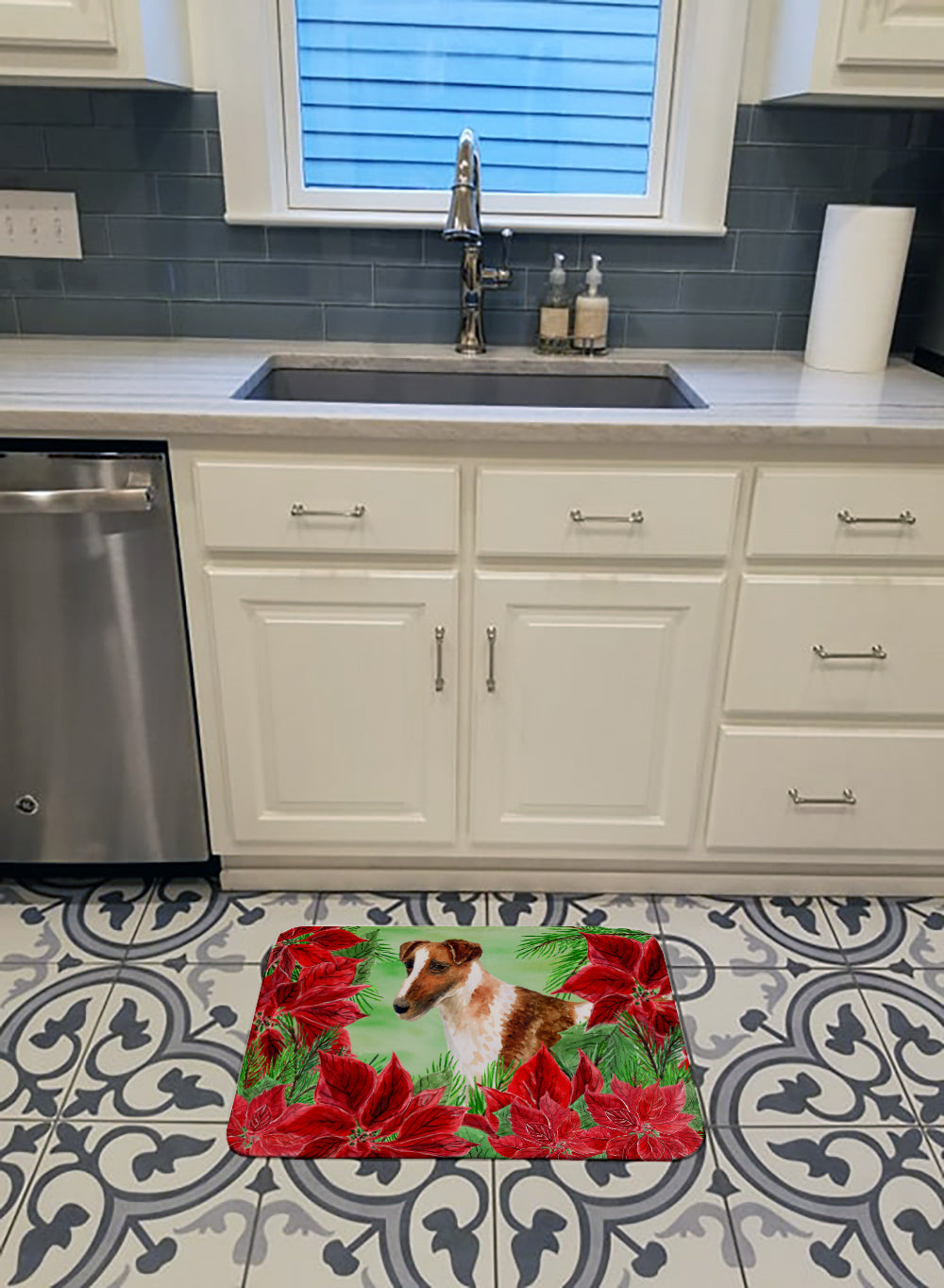 Smooth Fox Terrier Poinsettas Memory Foam Kitchen Mat Machine Washable Anti-Fatigue Cushion Comfort Bath or Kitchen Rug