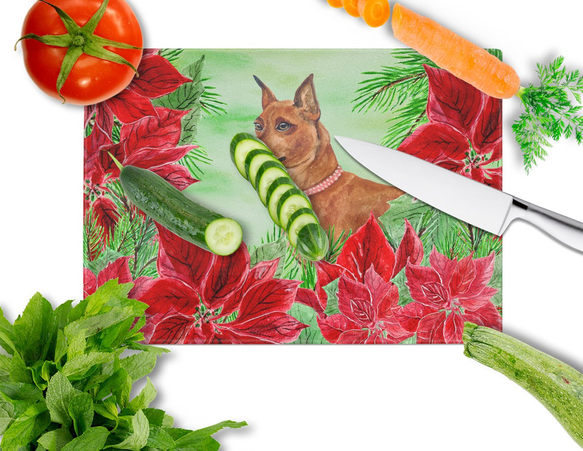 Miniature Pinscher Poinsettas Cutting Board Tempered Glass Kitchen Cutting Surface, Heat Resistant Chopping, Non-Slip Feet, Food Prep & Serving