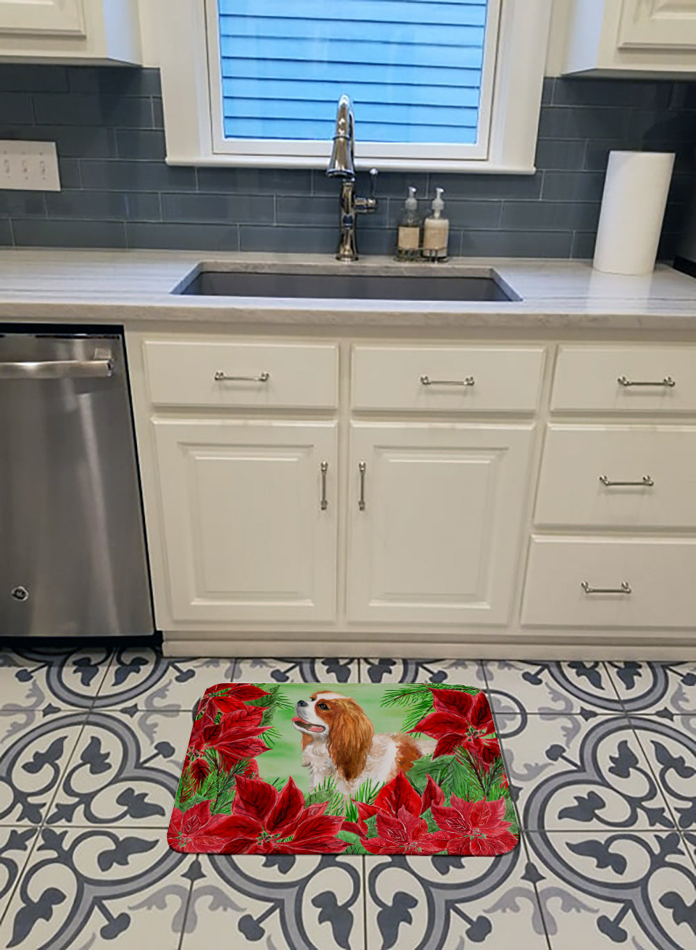 Cavalier Spaniel Poinsettas Memory Foam Kitchen Mat Machine Washable Anti-Fatigue Cushion Comfort Bath or Kitchen Rug