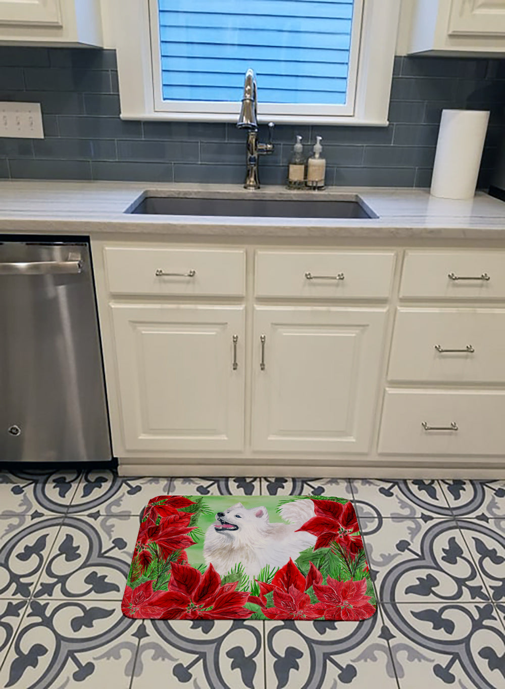 Samoyed Poinsettas Memory Foam Kitchen Mat Machine Washable Anti-Fatigue Cushion Comfort Bath or Kitchen Rug